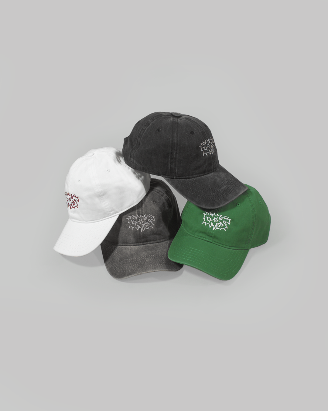 gorras polo diseño unknow, en puntas en color negro gastado, gris washed, blanco y verde